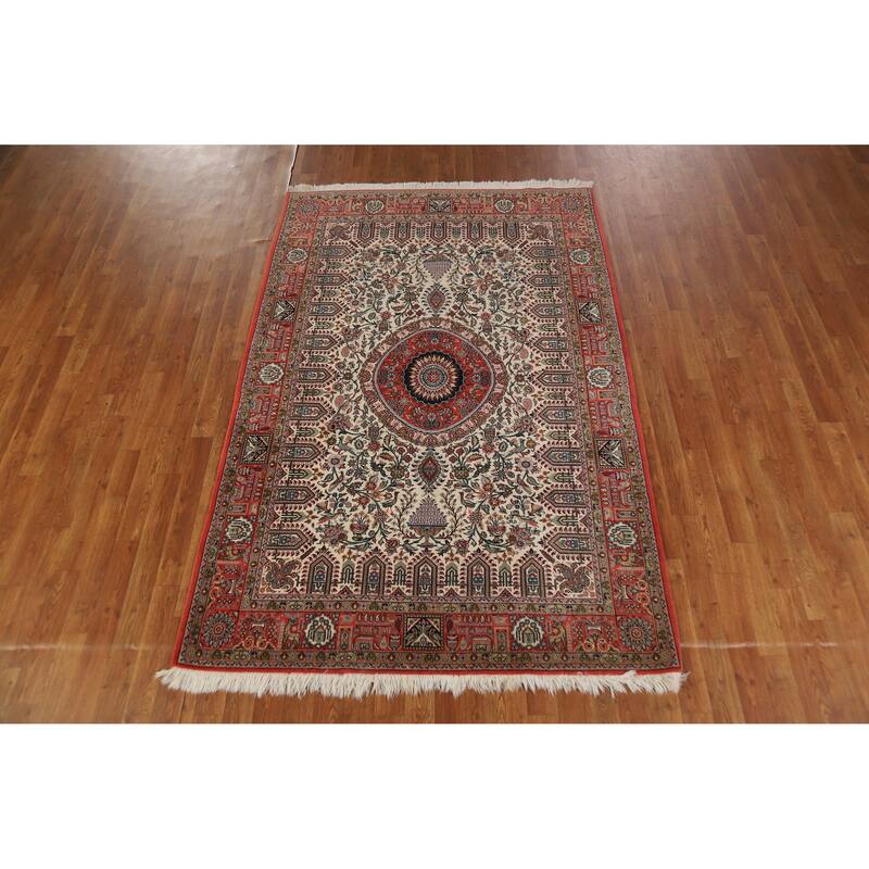 Hand Knotted Oriental Kork Wool Carpet Traditional Floral Beige & Ivories Qum Area Rug - 7' 2'' X 4' 9''