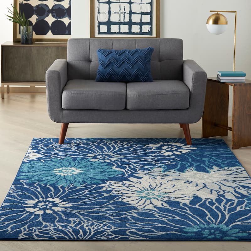 Nourison Passion Abstract Modern Floral Area Rug - 5' 3" x 7' 3" - Navy/Ivory