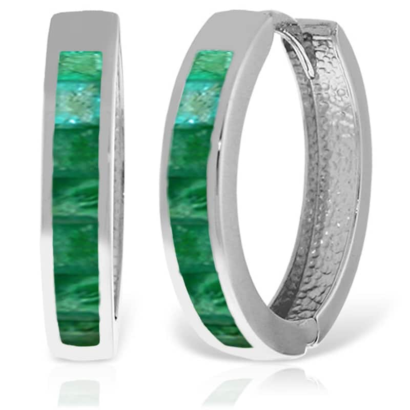 14K Solid Gold Hoop Huggie Gemstone Earrings w/ Natural Emeralds - White