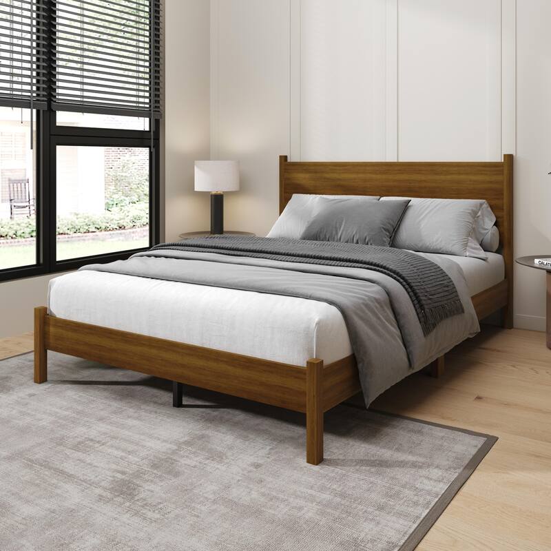 Clayfell Branford Solid Wood Platform Bed Frame with Panel Headboard and Full Slat Support