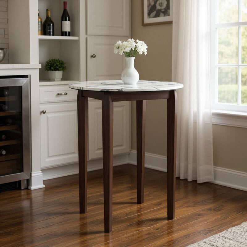 HomeRoots 32" White and Brown Faux Marble and Solid Wood Rounded Bar Table - 32.00 in. x 40.20 in. x 32.00 in. - White