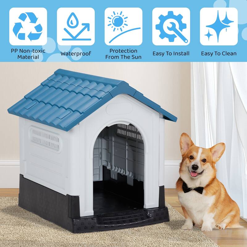 Plastic Dog House with Air Vents, Elevated Floor, Insulated Outdoor Indoor Kennel for Small Dogs