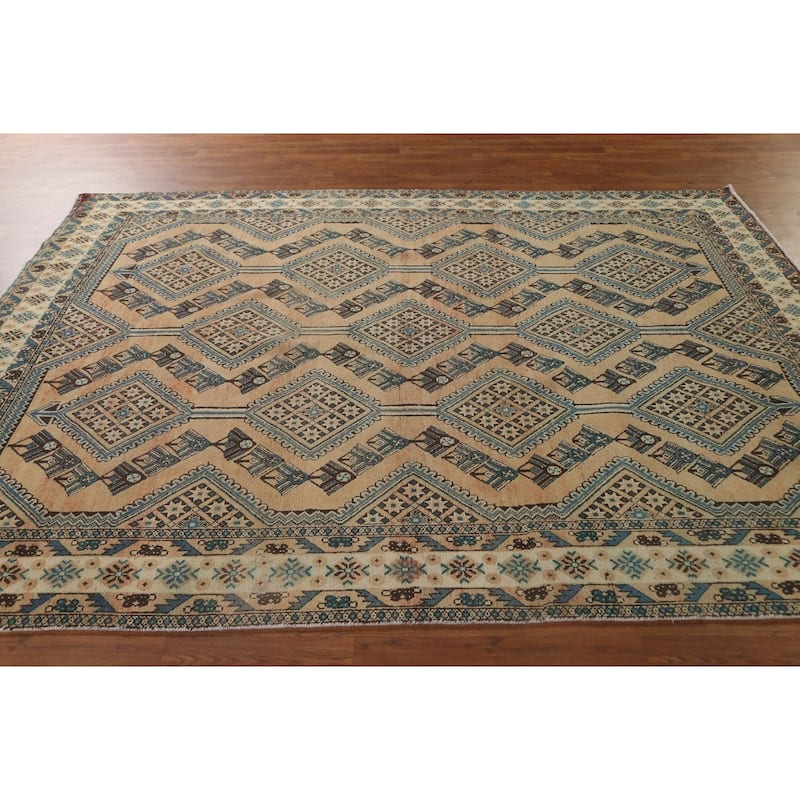 Geometric Bakhtiari Persian Vintage Rug Handmade Orange Wool Carpet - 6'8"x 9'5"