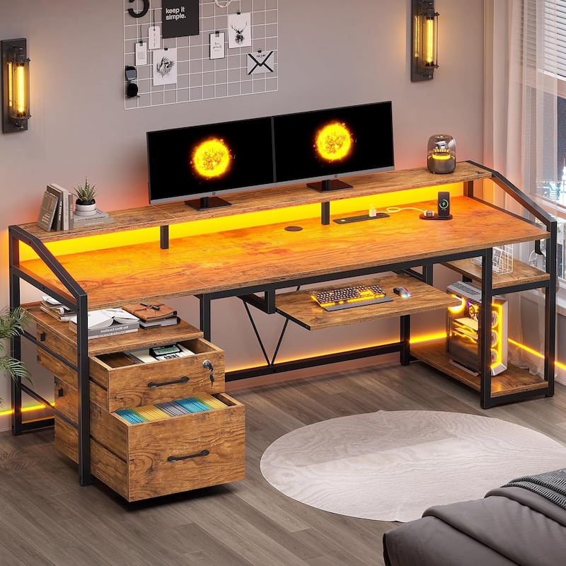 LED Computer Desk With Lock Drawers Keyboard Tray Power Outlet - Brown
