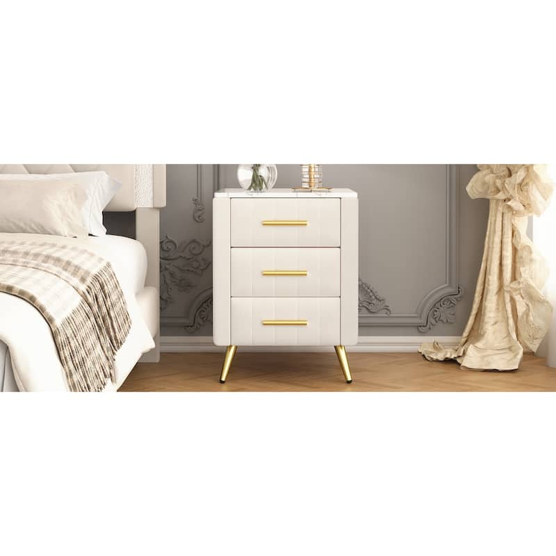 Nightstand with 3 Storage Drawers, Velvet Nightstand with Faux Marble Top, Sofa Side Table with Metal Legs and Handles