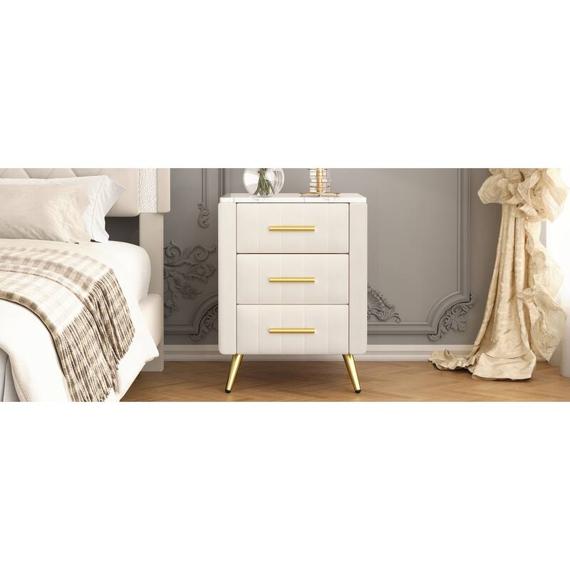 Upholstered Wooden 3-Drawer Nightstand - Metal Legs/Handles + Marbling Sticker Top Bedside Table (Beige)