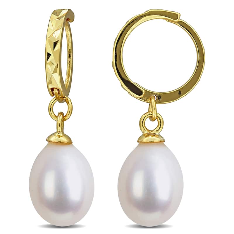 Miadora 7-8mm Cultured Freshwater Pearl Huggie Drop Earrings Yellow Plated Sterling Silver