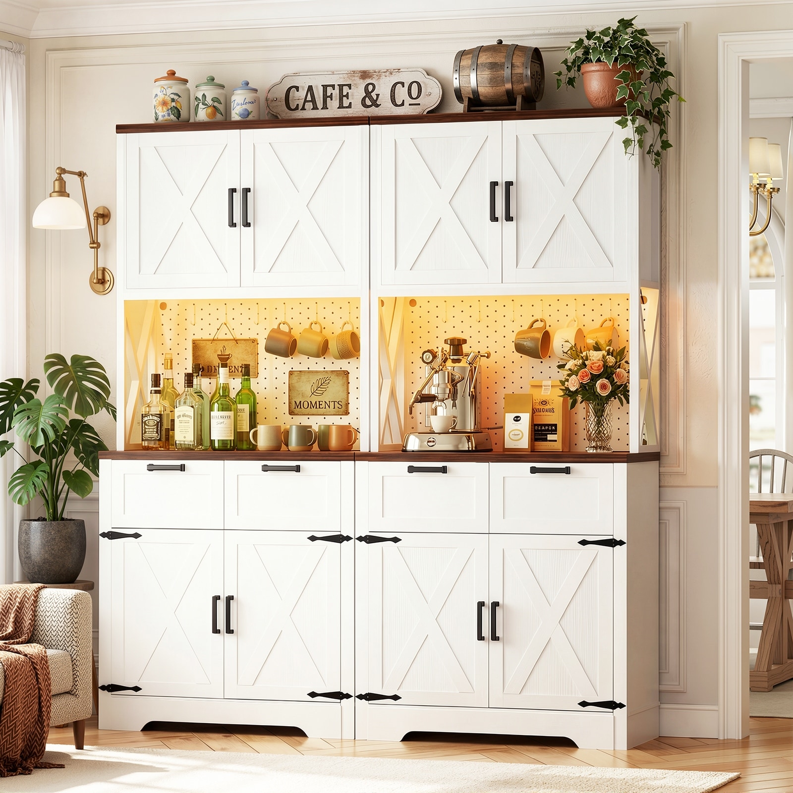71'' Tall Buffet Bar Cabinet with 2 Drawers & Charging Station, Kitchen Pantry Organizer with LED Light and 4 Barn Doors