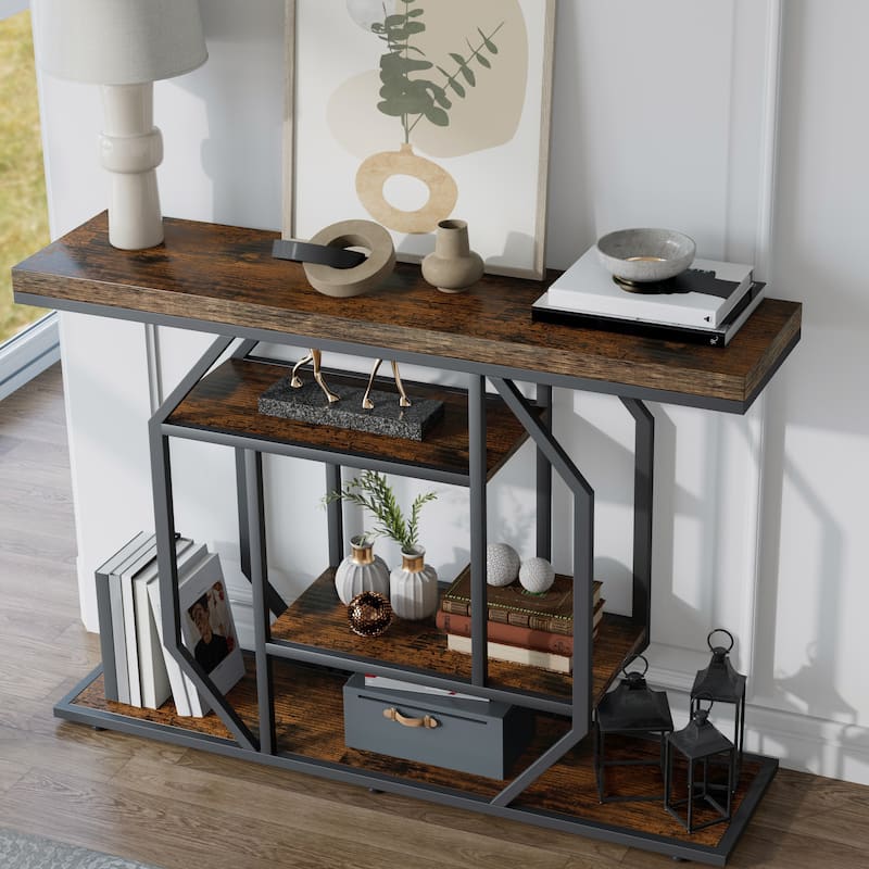 Console Table Industrial 4-Tier Entryway Table Narrow Wood Accent Tables with Storage Shelves for Living Room, Hallway, Foyer