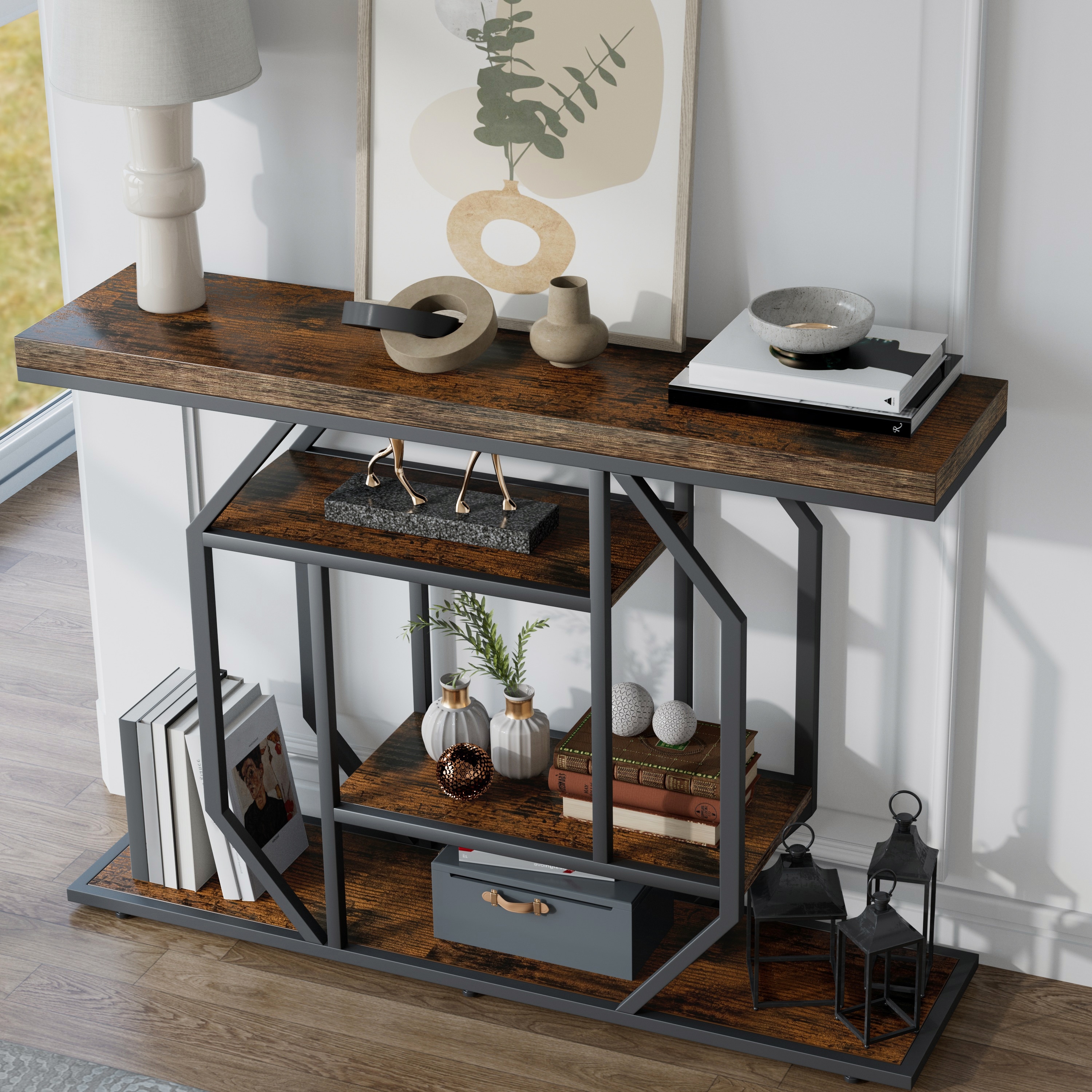 Console Table Industrial 4-Tier Entryway Table Narrow Wood Accent Tables with Storage Shelves for Living Room, Hallway, Foyer