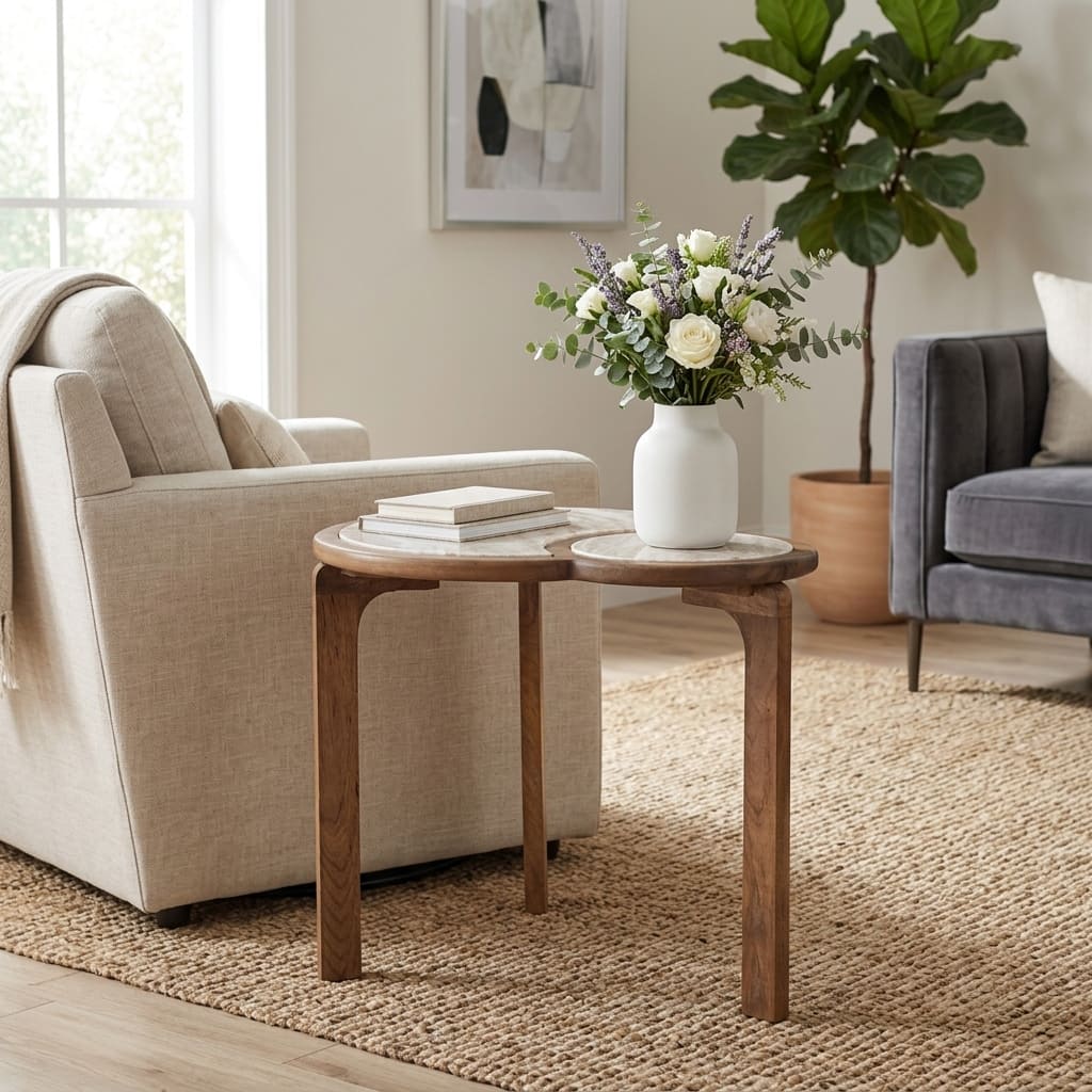 Layered Round Marble Top and Mango Wood Side Table - 26", Brown - 25.5"