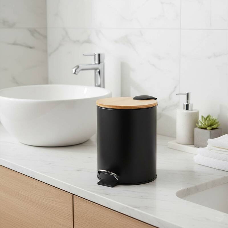 Stylish Trash Can with Bamboo Lid and Pedal, 2.5L Capacity - 9.2" H x 8" L x 8" W