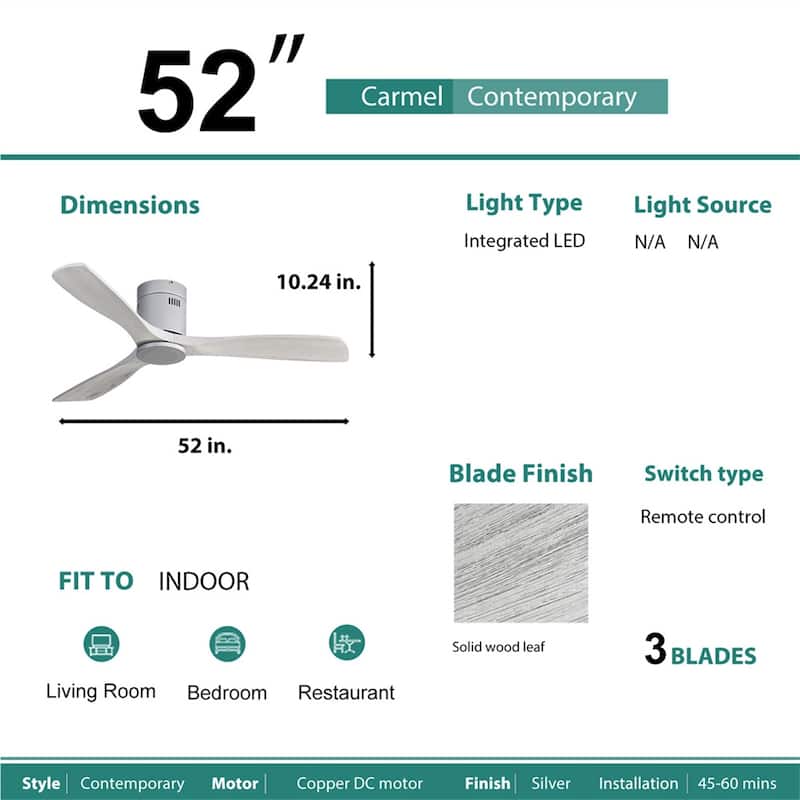 52" Flush Mount Ceiling Fan without Light,Reversible DC Motor,Wood Blades,Silver and Grey - 52