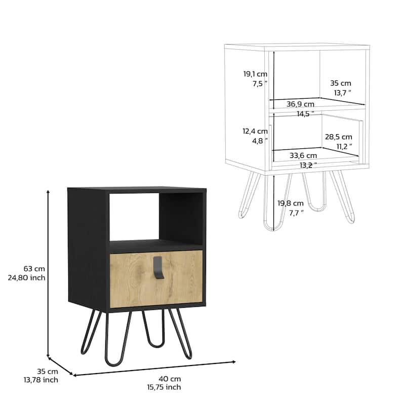 Nightstand 24"H , Sleek Design with Hairpin Legs and One Drawer, Black / Macadamia