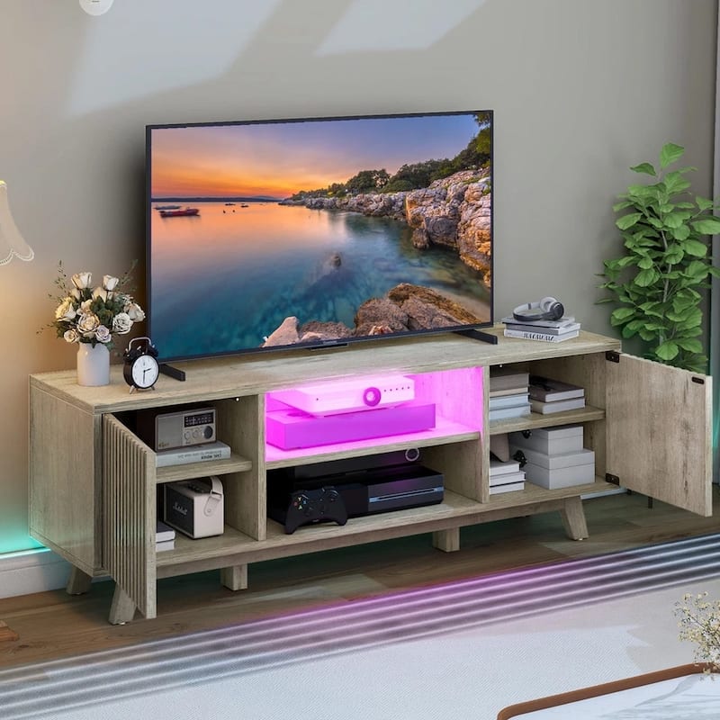 Fluted TV Stand w/ LED Lights For 65 inch TV Console Grey - 58 inches
