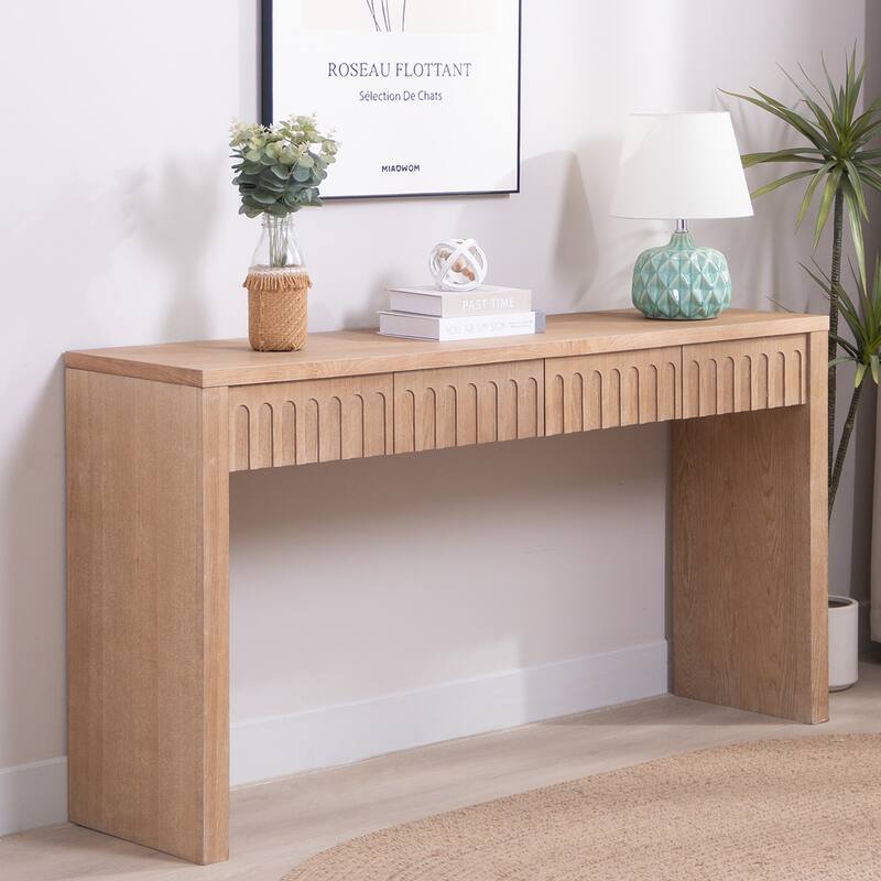 Contemporary Black Console Table – 59.2" Entryway Storage with 4 Drawers - Natural