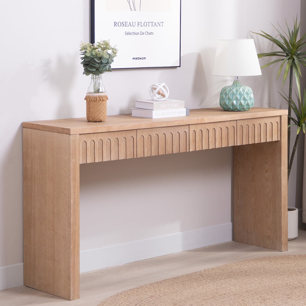 Modern Console Table with 4 Drawers, Narrow Hallway Entryway Table, Wood Sofa Table Accent Table