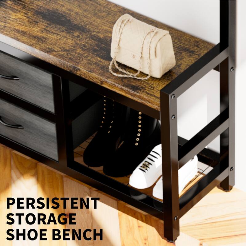 Anmytek 33.1 Inch Wide Hall Tree Entryway Bench with Shoe Storage Shelves Garment Racks 23 Hooks and 2 Movable Drawers