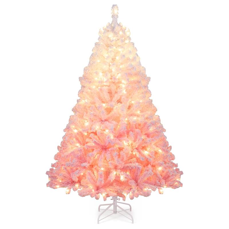 Gymax Artificial Christmas Tree Hinged Snow Flocked Xmas Tree w/ - Pink, White - 6 Foot