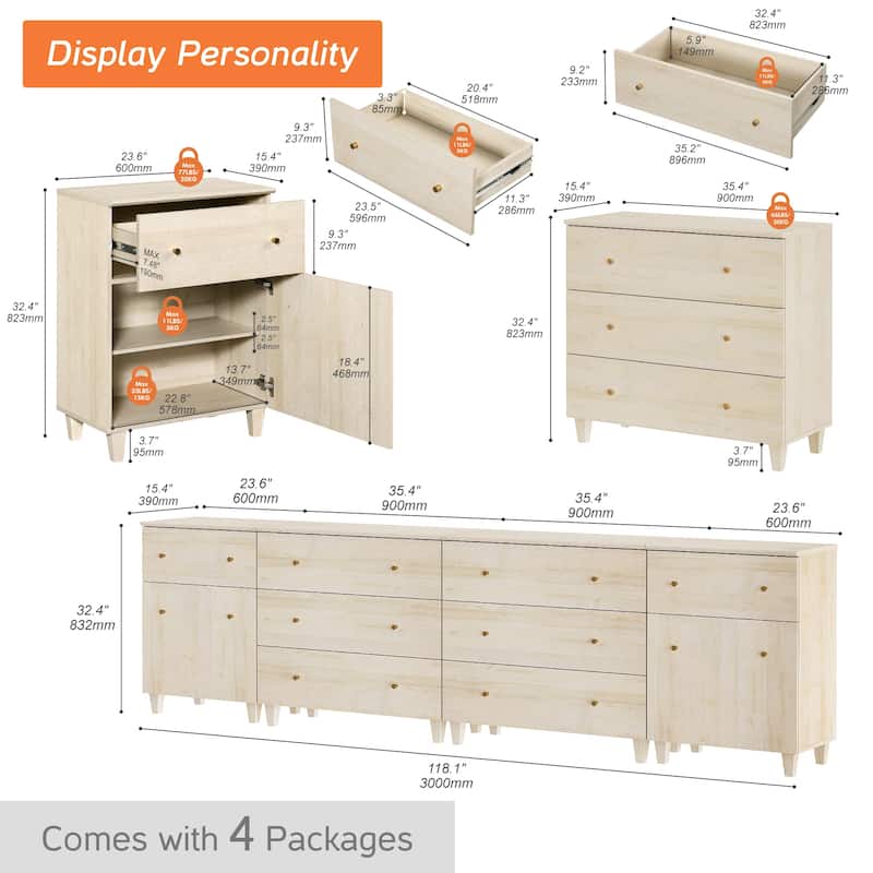 Wood Dresser with 8 Drawers and 2 Cabinets for Bedroom, 118" Wide