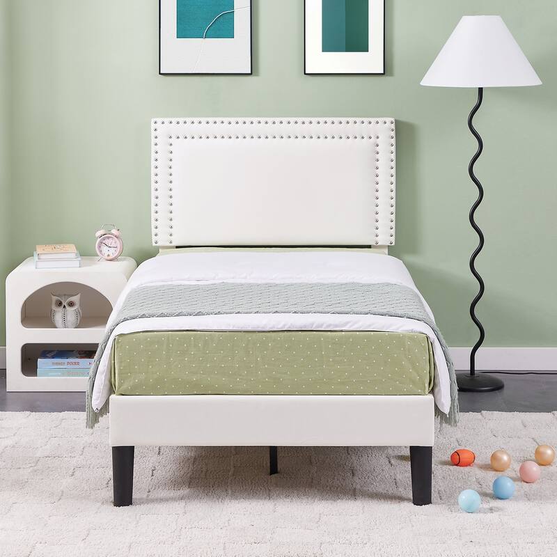 Upholstered Platform Bed Frame with Adjustable Headboard, Velvet Nailhead Trim, No Box Spring Needed - White - Twin