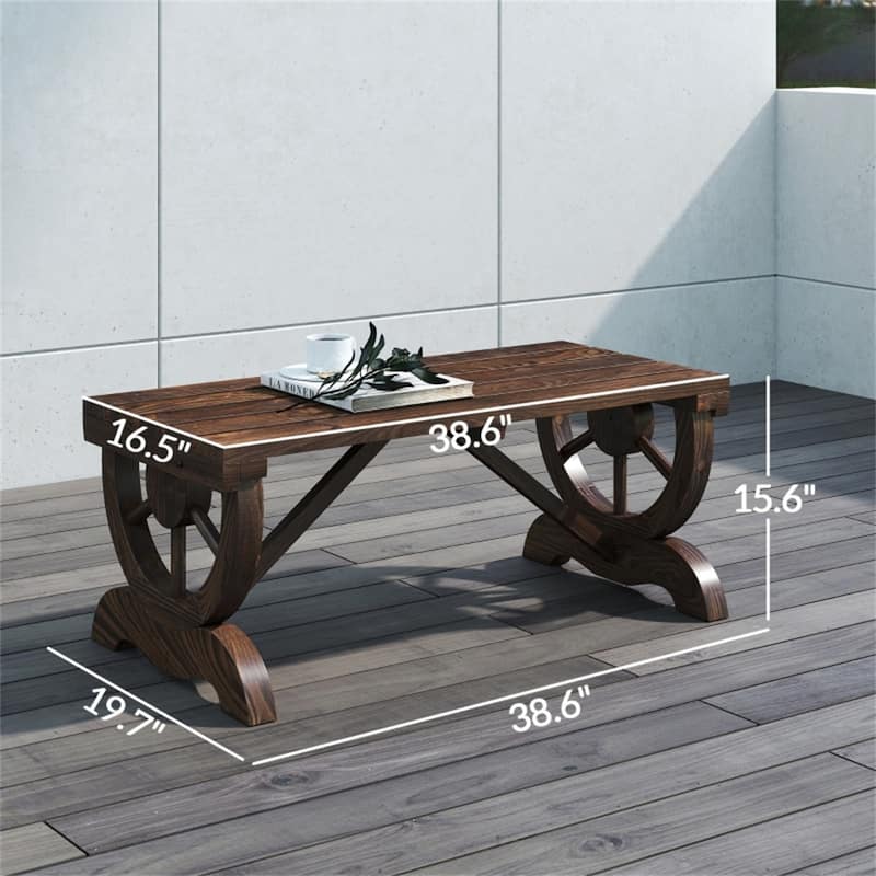 Fir Wood Patio Garden Bench with Wheel Legs and Slatted Seat - 38.6" W x 19.75" D x 15.6" H