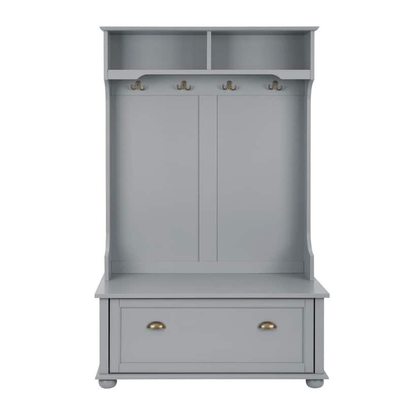 Classic Hall Tree Entryway Bench with Shoe Cabinets and Open Shelves