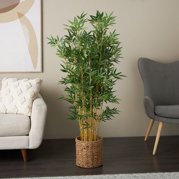 slide 2 of 8, Green Faux Foliage Indoor Outdoor Artificial Tree with Realistic Leaves and Brown Seagrass Pot Green