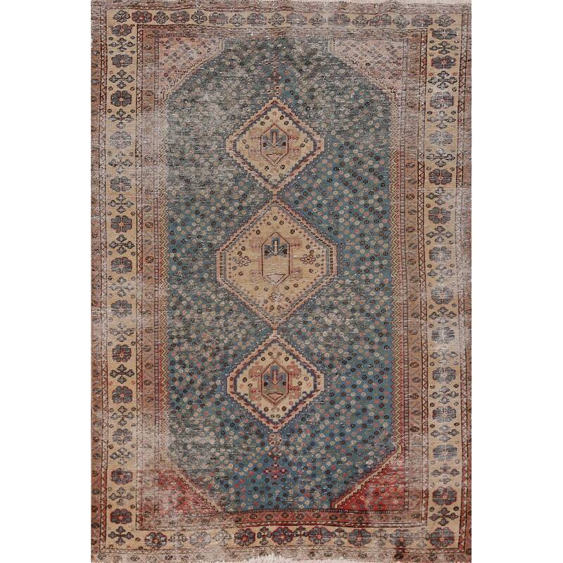 Hand Knotted Oriental 100% Wool Carpet Traditional Geometric Navy Blue & Blues Qashqai Area Rug - 6' 9'' X 4' 5''