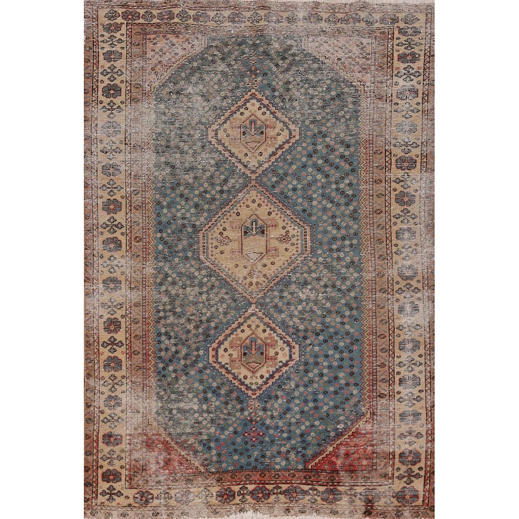 Hand Knotted Oriental 100% Wool Carpet Traditional Geometric Navy Blue & Blues Qashqai Area Rug - 6' 9'' X 4' 5''