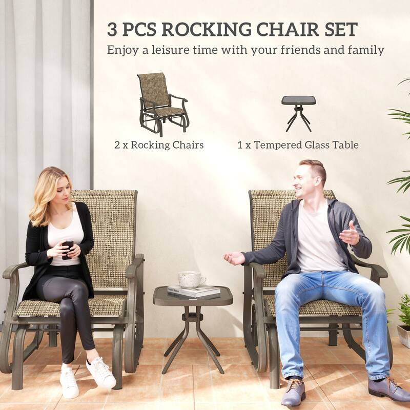 Outsunny 3-Piece Outdoor Gliders Set Bistro Set with Steel Frame, Tempered Glass Top Table