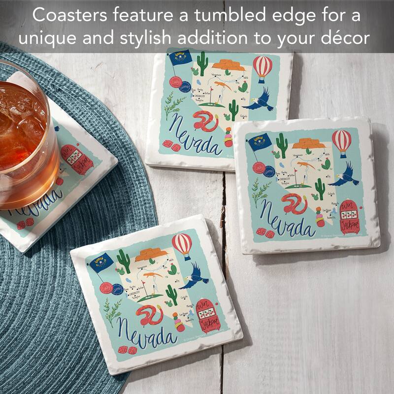 Nevada Home 4-Pack Absorbent Stone Coasters with Protective Cork Backing 4" Square Made in The USA Artistic Easily Wipes Clean