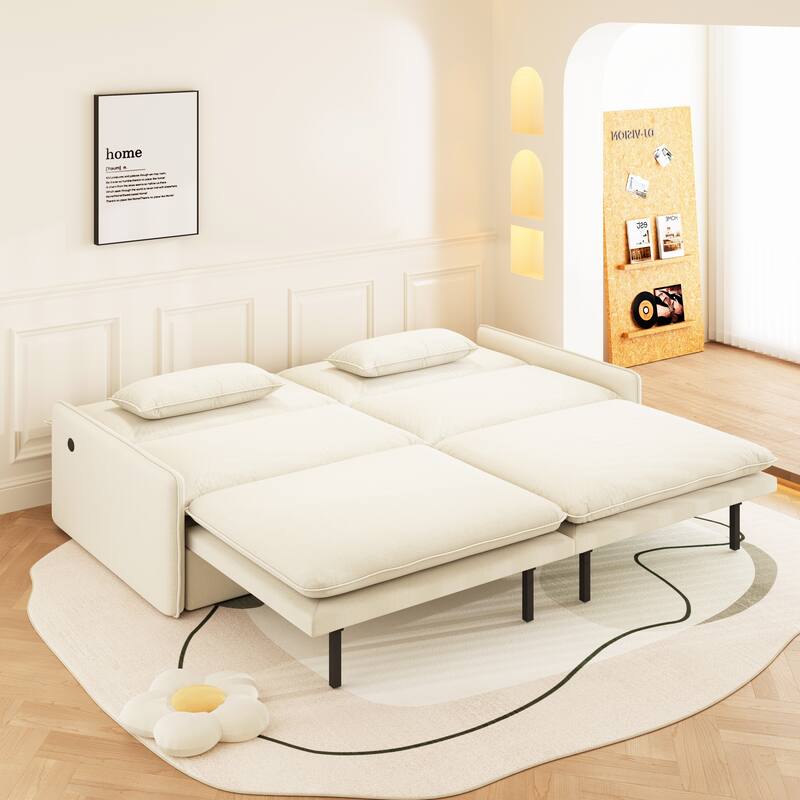 Modern Convertible Sofa Bed, Chenille Fabric Couch with Pull-Out Sleeper Bed, Living Room Loveseat with USB Port, Hidden Storage