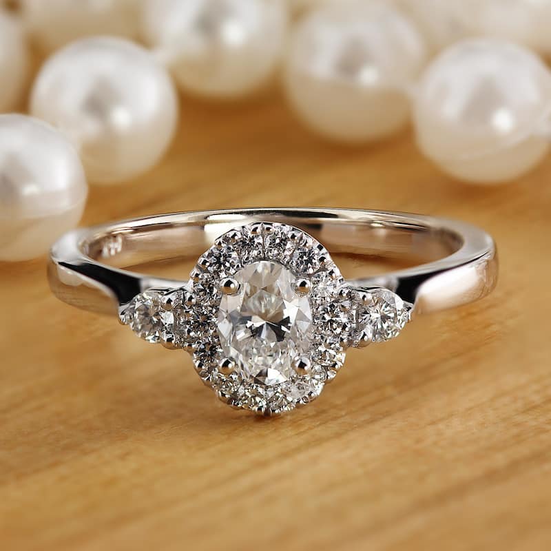 Auriya 14k Gold 1/2ctw Oval 3-stone Halo Diamond Engagement Ring