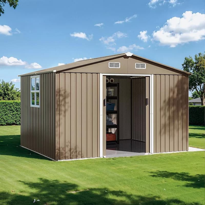 Kullavik Outdoor Metal Storage Shed with Floor and Lockable Sliding Door - 10FTx8FT
