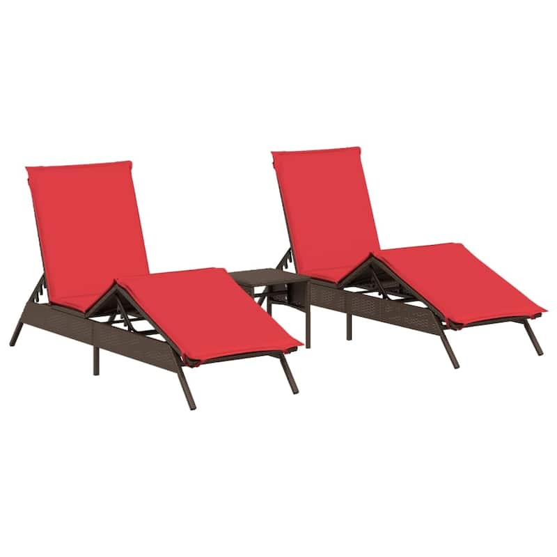 vidaXL Sun Loungers with Table Chaise Lounge 2 Pcs Poly Rattan Brown/Gray/Black - 23.2 x 78.7 x 33.5