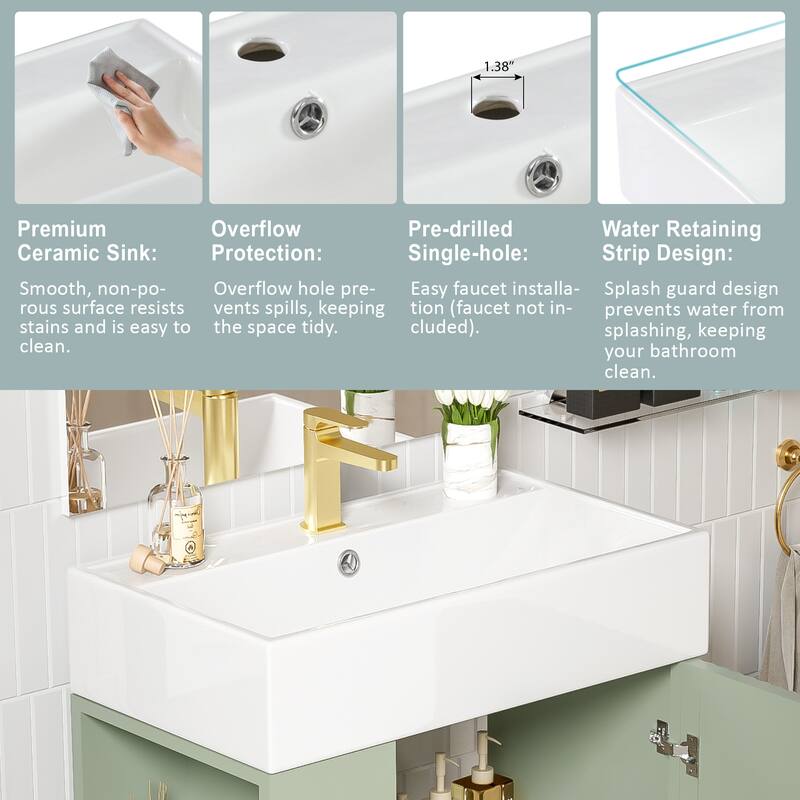 21.6" Bathroom Vanity with Sink, Left Side Storage Pocket, Ceramic Basin, Gold Legs, Modern Freestanding Cabinet