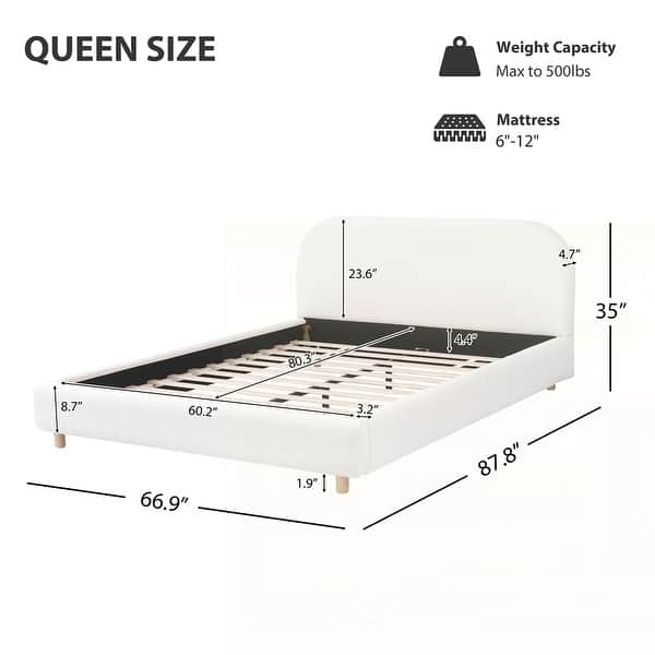 dimension image slide 2 of 11, Upholstered Platform Bed with Curve-Shaped Design Headboard