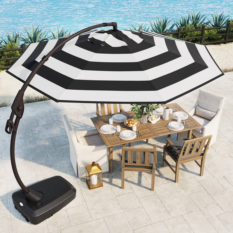 Cantilever Outdoor Umbrella with Base , Aluminum Offset Umbrella - 11FT-Black & White