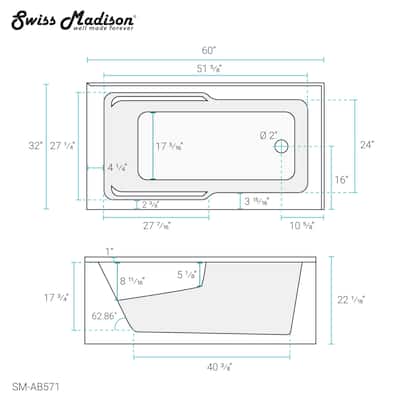 Swiss Madison SM-AB571 Claire 60" Three Wall Alcove Acrylic Soaking