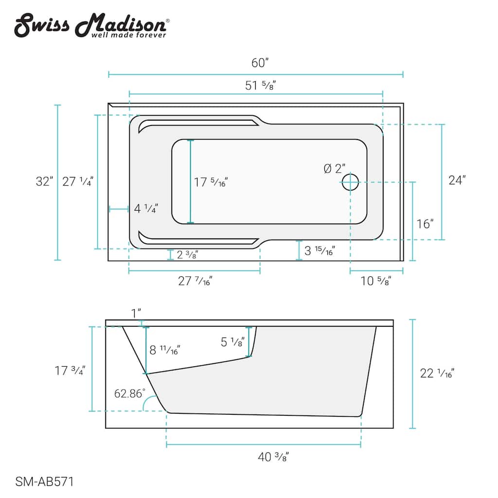 Swiss Madison SM-AB571 Claire 60" Three Wall Alcove Acrylic Soaking