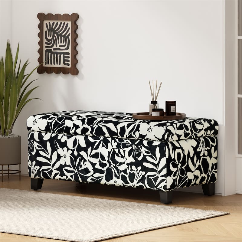 Storage Ottoman with Floral Patterned Fabric and Soft-Close Hinges, Multi-Functional Footrest & Seat