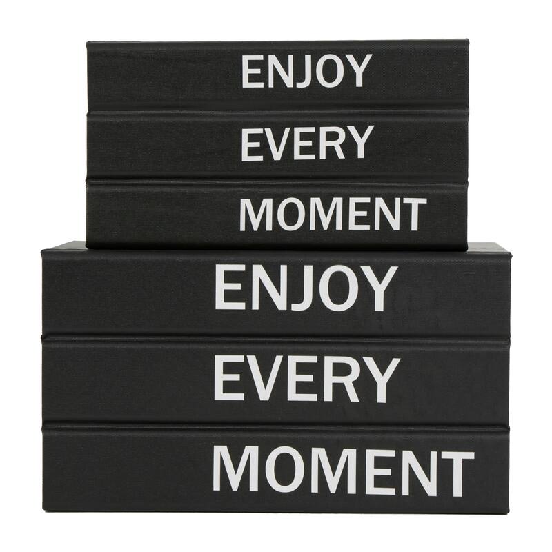 White or Black Canvas Faux Storage Book Box with Gold or White Enjoy, Every, Moment Text (Set of 2)