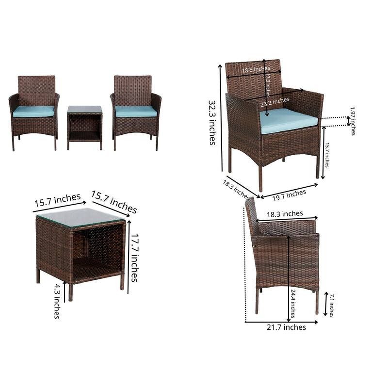 BTEXPERT 2 Glass Brown/Aqua Blue Outdoor Wicker Conversation 3 Piece Bistro Set Garden FurnitureCushions Side Storage Table