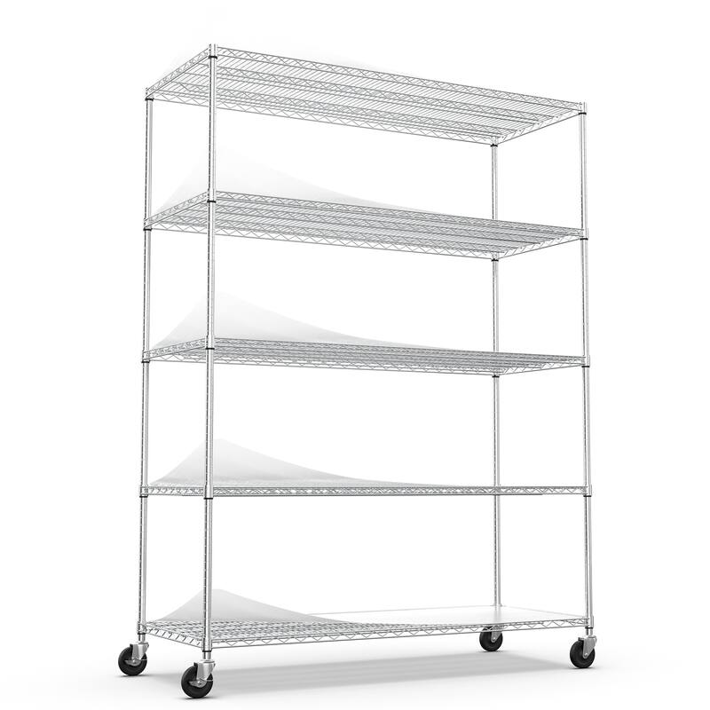 Adjustable 5-Tier Storage Rack with Heavy-Duty Capacity, Wheel Functionality, and Shelf Liners