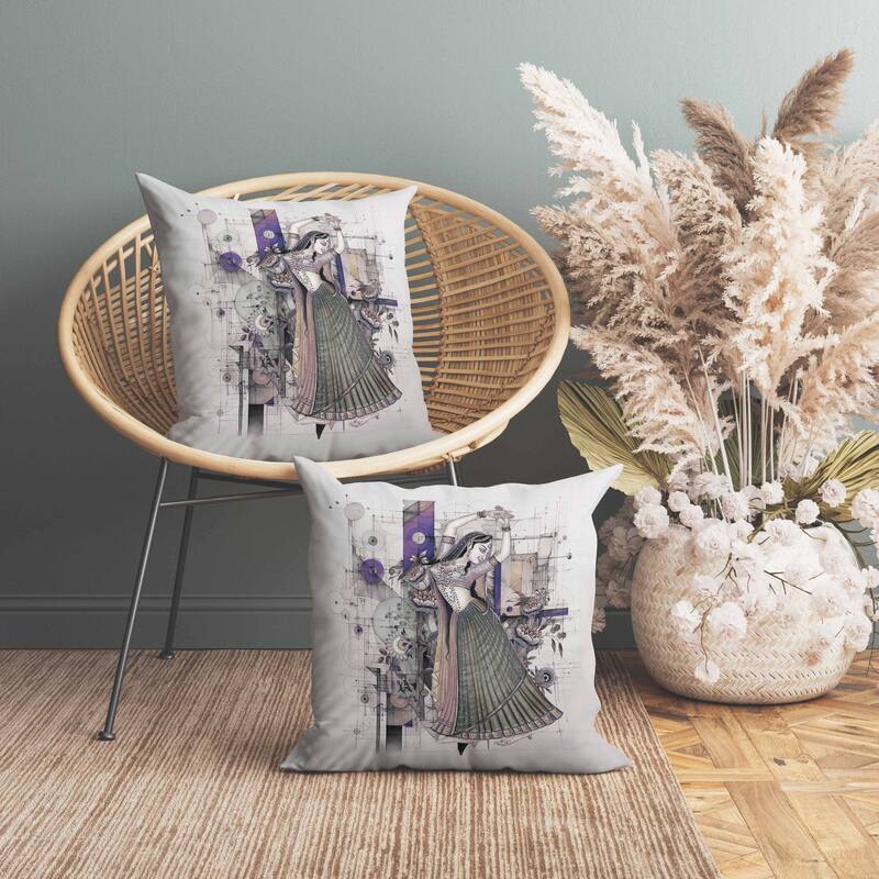 Gracefully Dancing Woman Indoor/Outdoor Reversible Throw Pillow Gray and Green