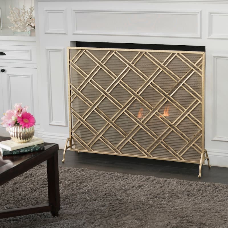 Roomfitters Modern Geometric Fireplace Screen, Single-Panel Design with Stylish Circle Patterns and Durable Mesh - Gold-Crisscross 