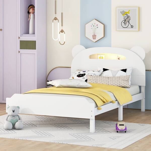 slide 2 of 9, Twin Size Wood Platform Bed with Bear-Shaped Headboard, Motion Activated Night Lights, and Storage Space White