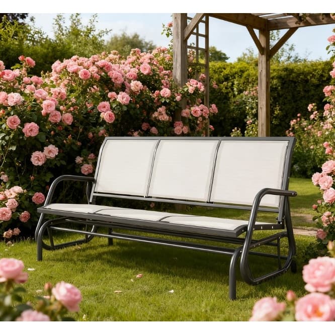 GDFStudio Outdoor Corliss Metal Mesh 3 Seat Glider Bench with Smooth Rocking