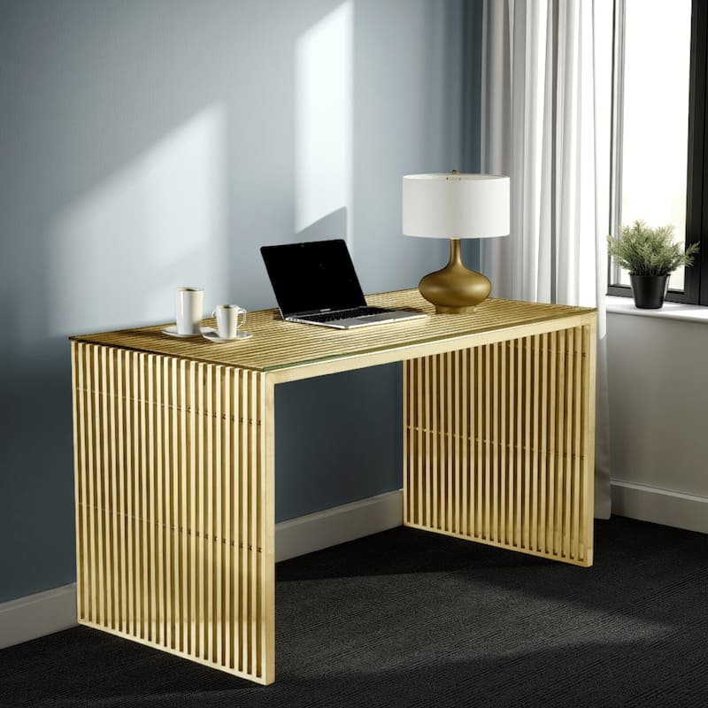 Meza 59 Inch Office Desk, Tempered Glass, Waterfall Design, Gold Steel